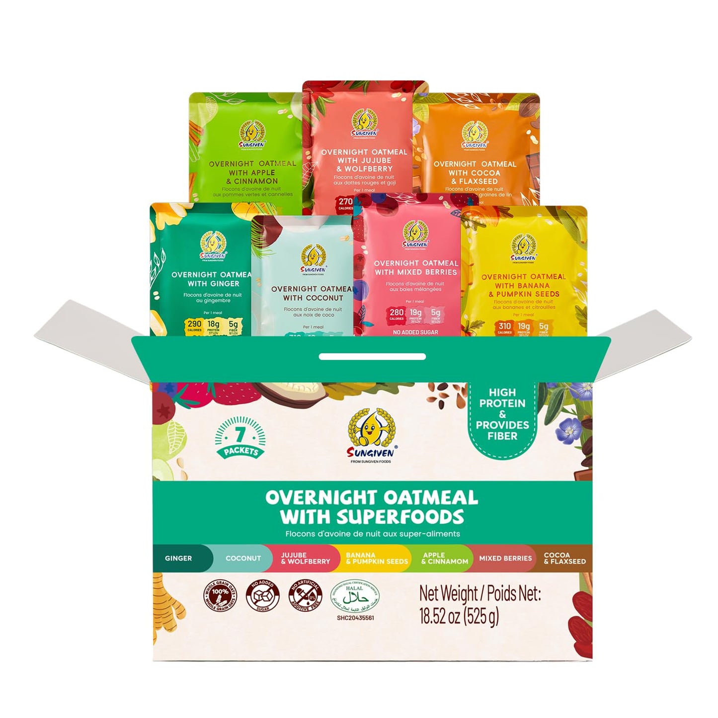 SUNGIVEN High Protein Overnight Oats Variety Pack - 7 Flavors Low Sugar High Fiber Instant Oatmeal Health Breakfast Snacks for G