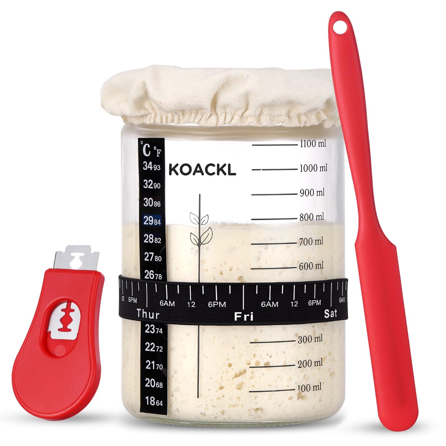 Koackl Sourdough Starter Kit with Glass Jar, 40oz, Magnetic Lame, Thermometer, Scraper, Cloth Cover, Transparent Color