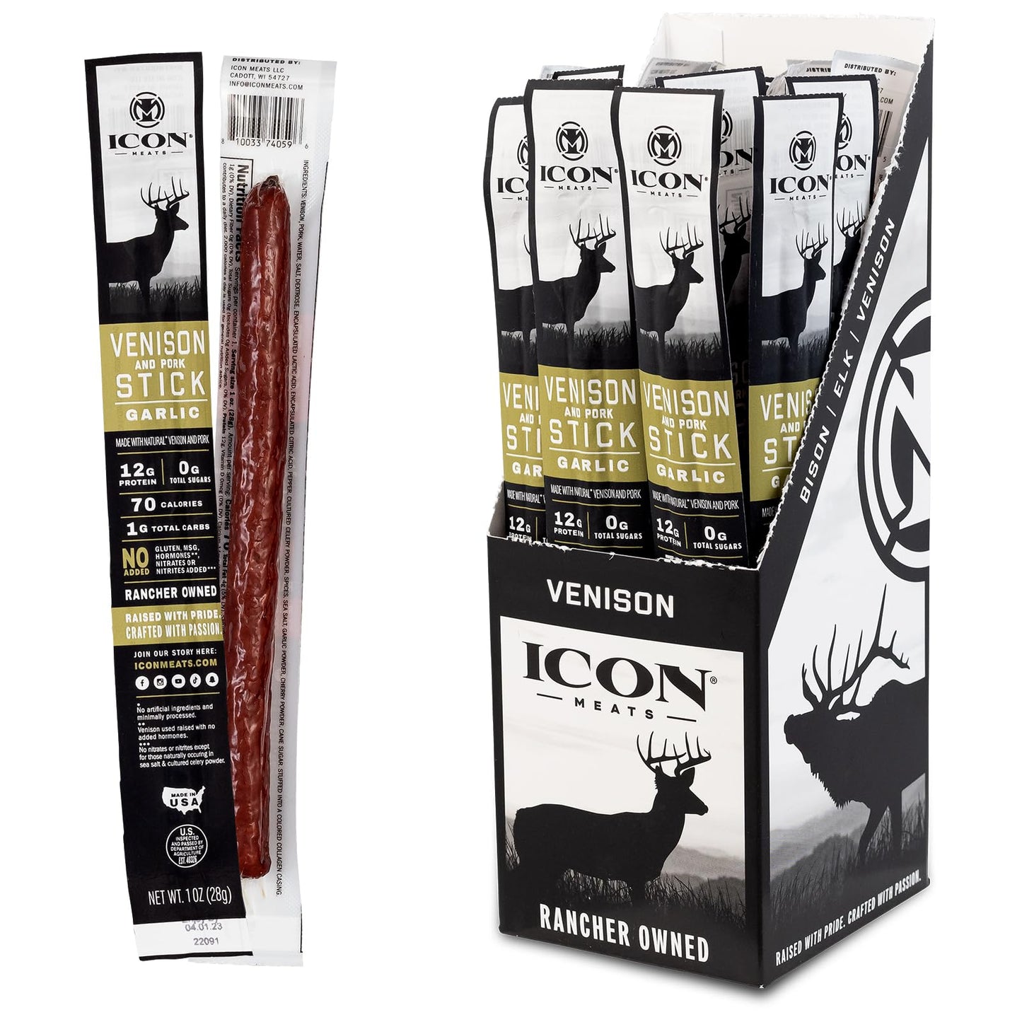 Icon Meats Venison And Pork Snack Sticks - Garlic Flavor - 24 Pack Of Individually Wrapped Meat Sticks, Usda Approved, All Natur
