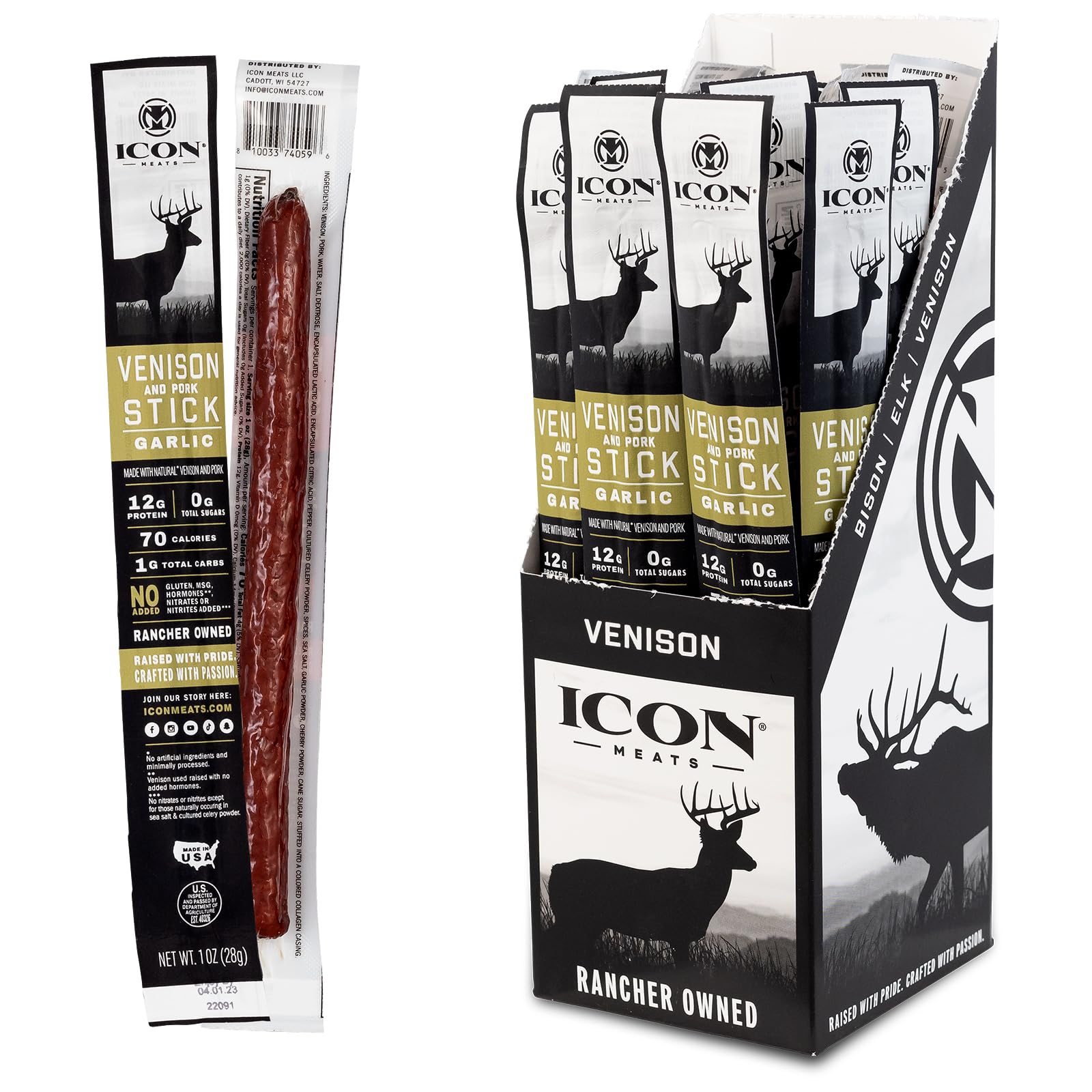 Icon Meats Venison And Pork Snack Sticks - Garlic Flavor - 24 Pack Of Individually Wrapped Meat Sticks, Usda Approved, All Natur