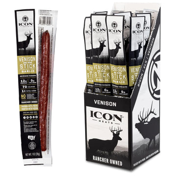 Icon Meats Venison And Pork Snack Sticks - Garlic Flavor - 24 Pack Of Individually Wrapped Meat Sticks, Usda Approved, All Natur