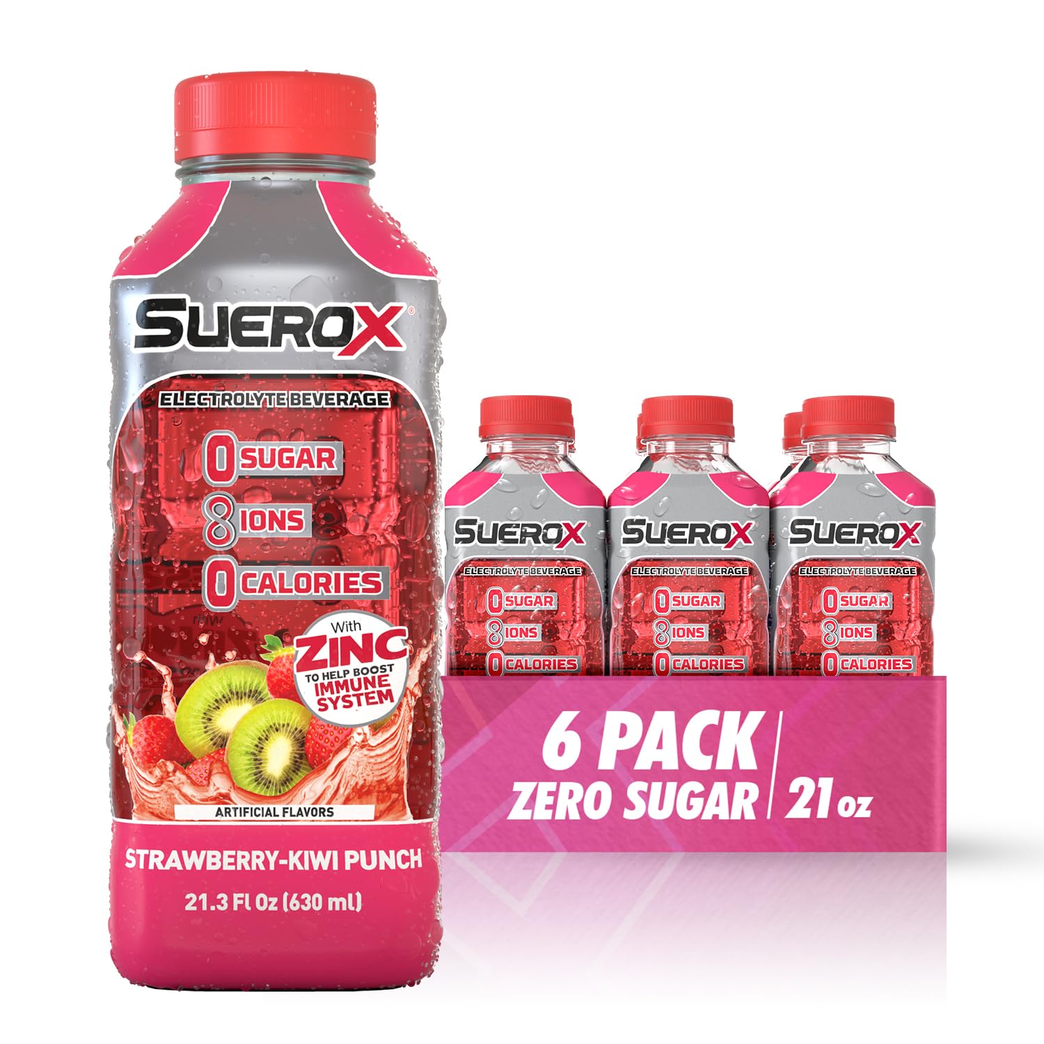 SueroX Sugar Free Sports Drink for Hydration and Recovery  Electrolyte Hydration Drink with 8 Ions  Zero Calorie Sports Drinks  Strawberry-Kiwi Punch  21.3 Fl Oz  6 Count