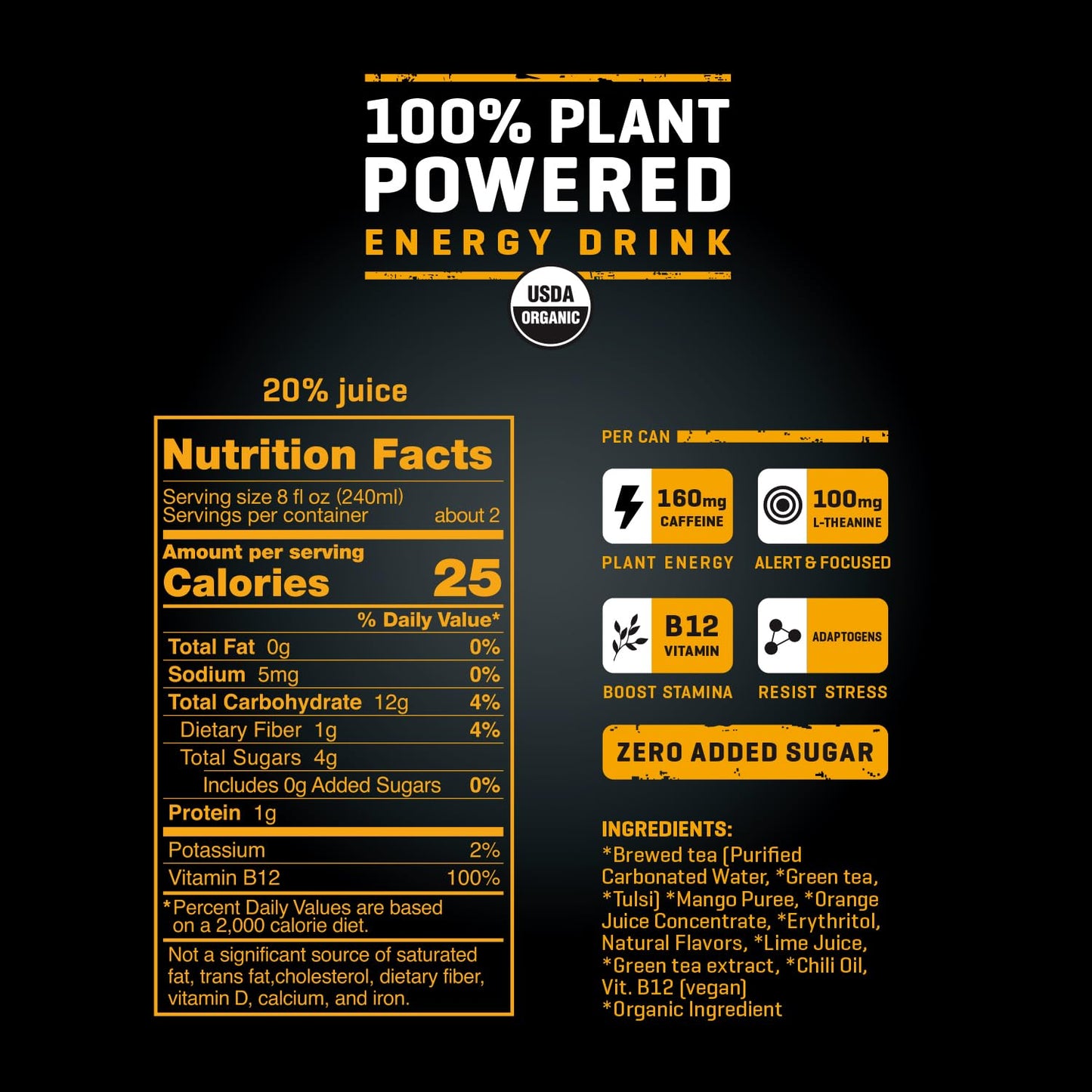 Riot Energy 100% Plant Powered Energy Drink (Mango Riot) Keto-Friendly, Organic, No Added Sugar (16Oz, Pack Of 12)