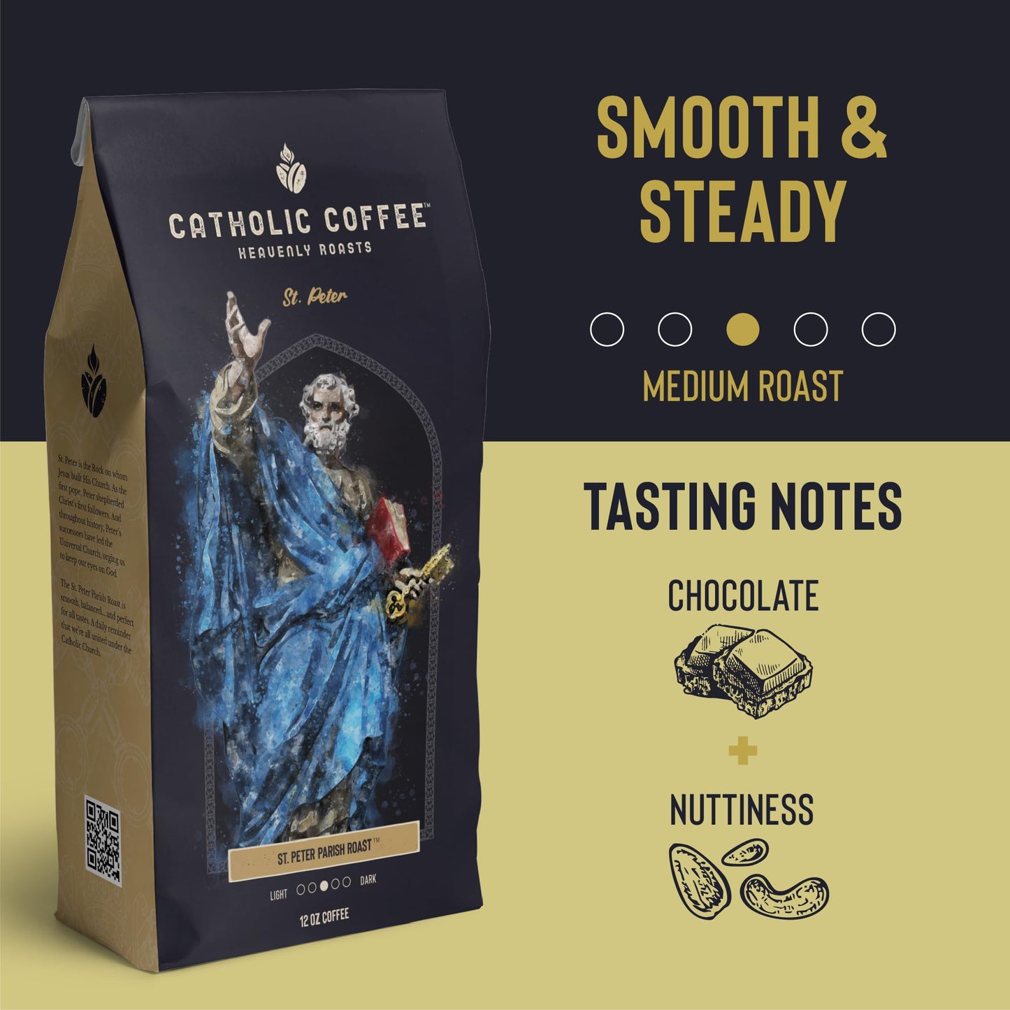 Catholic Coffee St. Peter Medium Roast Coffee Pods, 12 Count, Single Serve for Keurig K-Cup malt-inspired