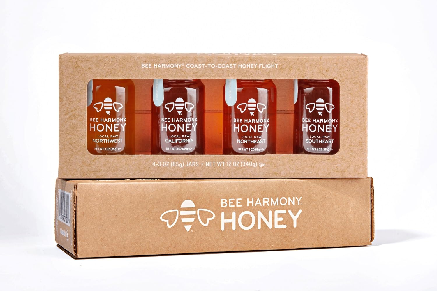 Bee Harmony Coast-to-Coast Honey Flight, Mini Honey Gift Set, 4 Jars, 3 OZ Each, Premium, Raw, Made in the USA
