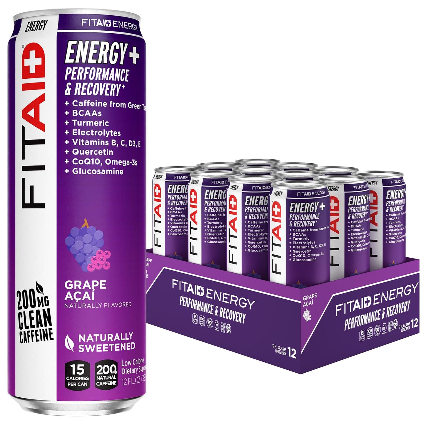 LIFEAID FITAID Energy Drink, Grape AÇAI, 200mg Caffeine, Keto, 12 Fl Oz, Pack of 12, Vegan & Gluten-Free