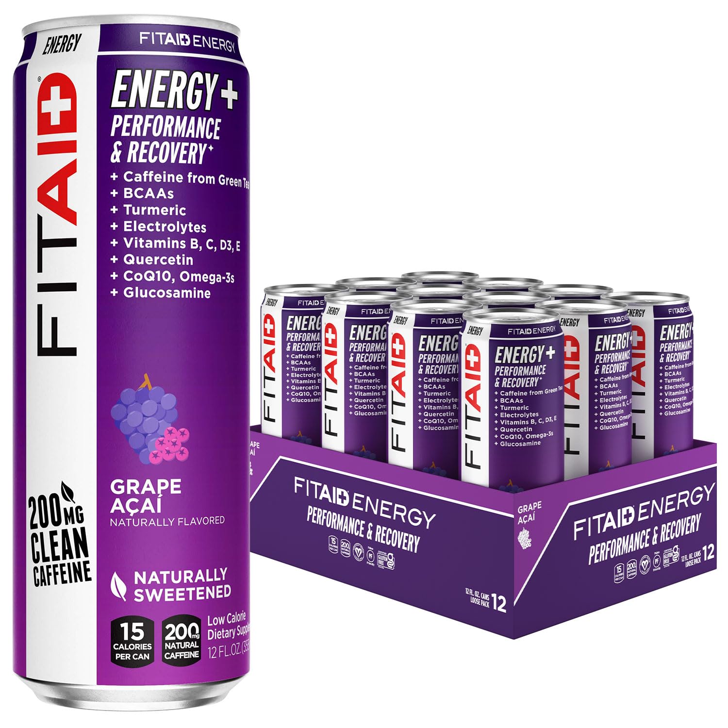 LIFEAID FITAID Energy Drink, Grape AÇAI, 200mg Caffeine, Keto, 12 Fl Oz, Pack of 12, Vegan & Gluten-Free