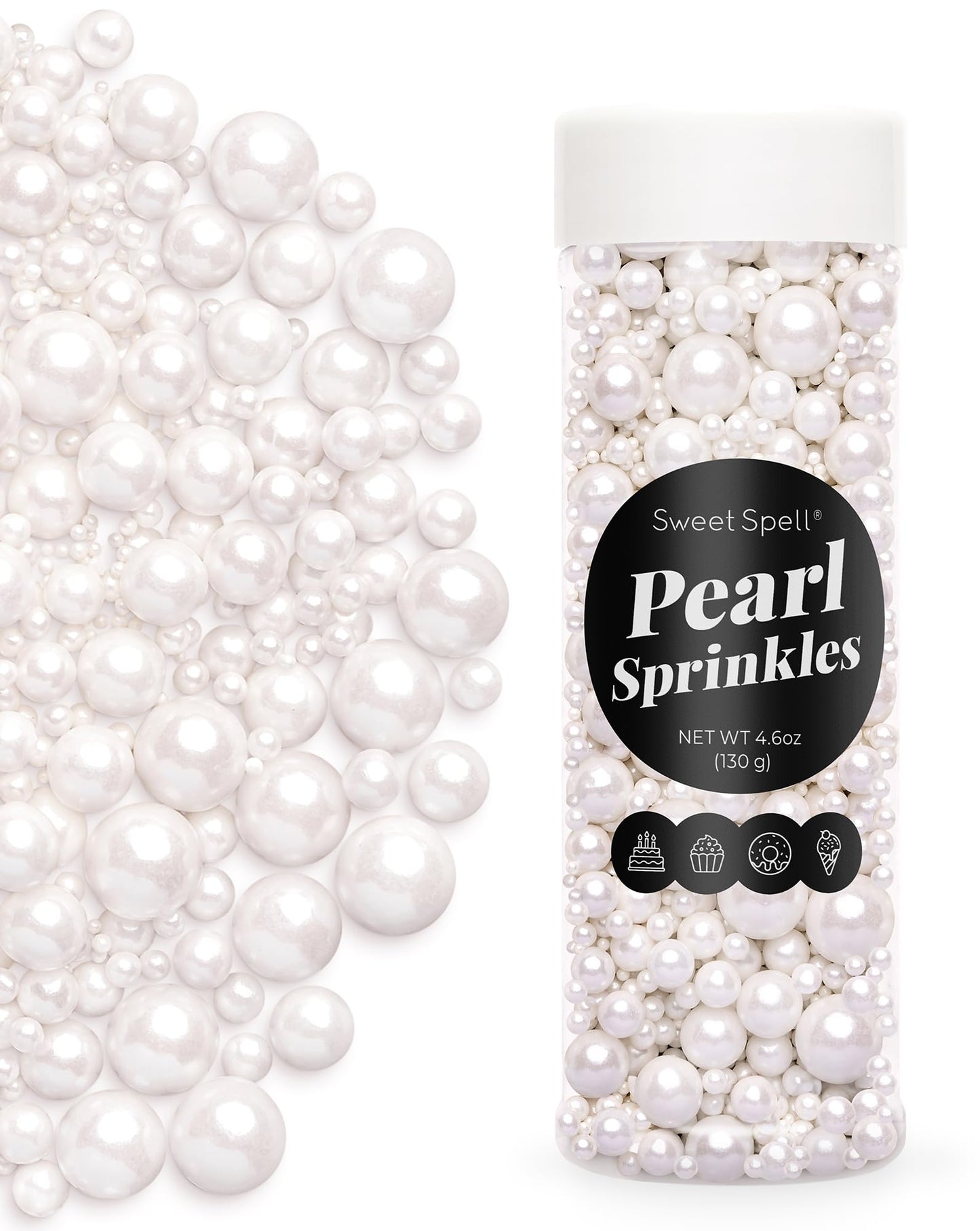Sweet Spell White Pearl Sprinkles for Cake Decorating (130g/ 4.6oz) - Sugar Candy Ball Pearls for Cupcakes, Ice Cream Toppers, a