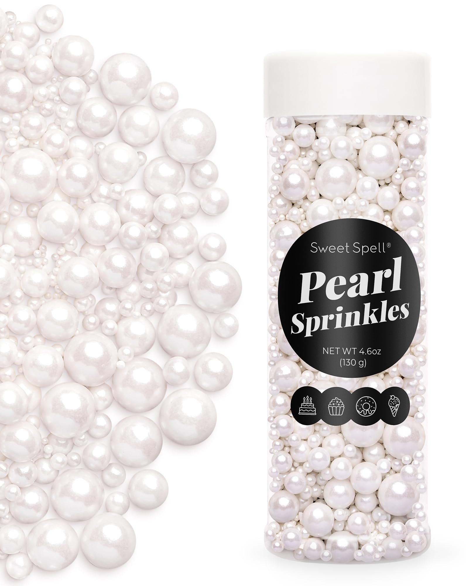 Sweet Spell White Pearl Sprinkles for Cake Decorating (130g/ 4.6oz) - Sugar Candy Ball Pearls for Cupcakes, Ice Cream Toppers, a