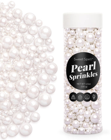 Sweet Spell White Pearl Sprinkles for Cake Decorating (130g/ 4.6oz) - Sugar Candy Ball Pearls for Cupcakes, Ice Cream Toppers, a