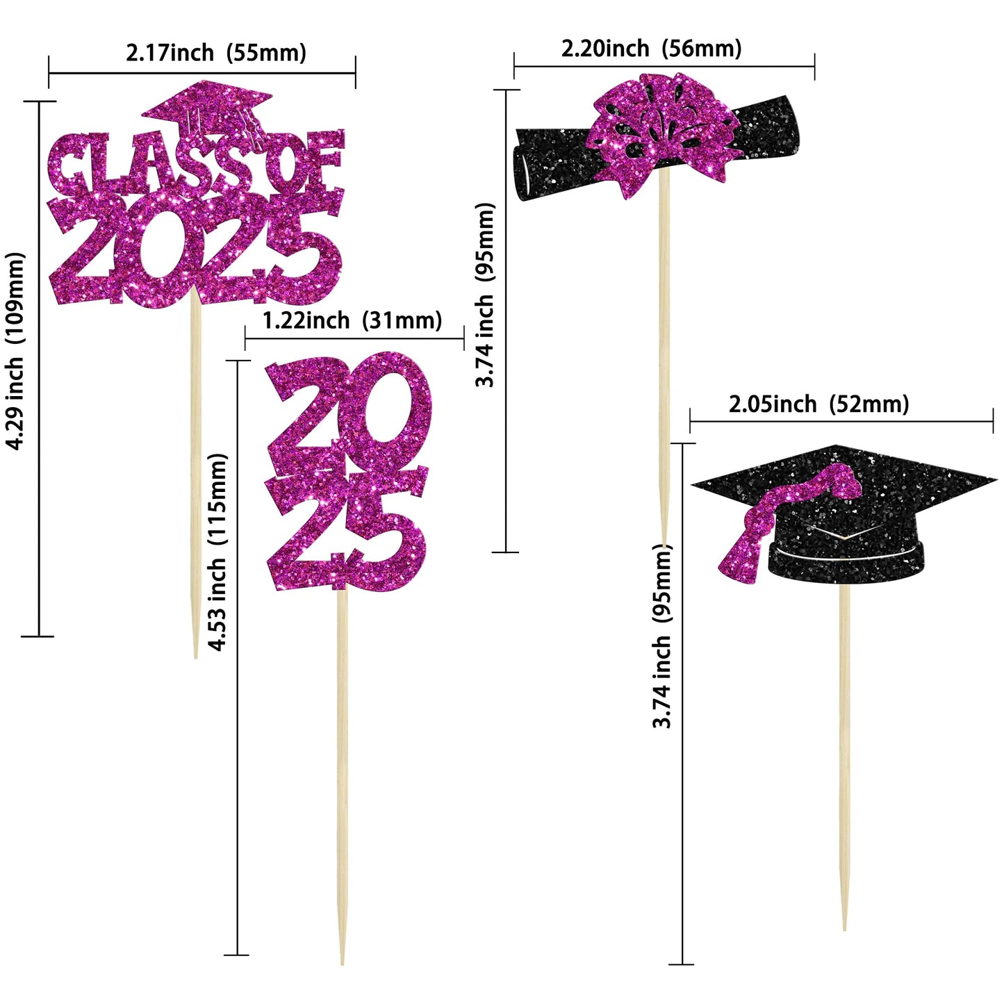 Ephlyn Graduation Cupcake Toppers, 36Pcs Glitter Class of 2025, Purple Graduation Cap & Diploma Picks for Party Decorations