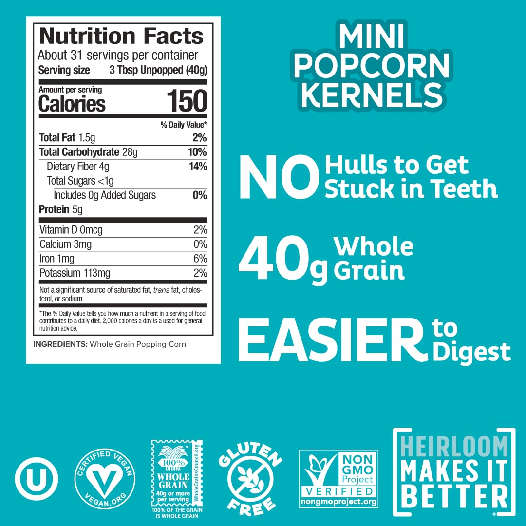 Heirloom Mini Popcorn Kernels By Pipcorn - 44 Oz Jar, Unpopped Popcorn, Healthy, Non-Gmo, Vegan, Gluten Free Snacks