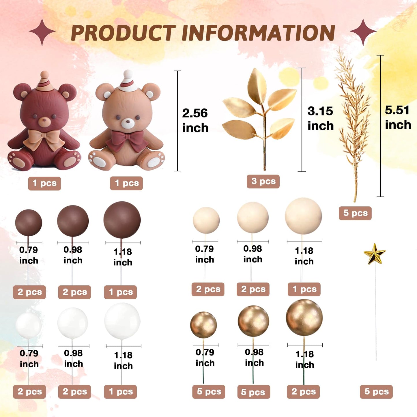 SONICEBUY 42Pcs Mini Teddy Bear Cake Toppers - Foam & PVC, Mixed Color - Baby Shower, Birthday, Wedding Party Supplies