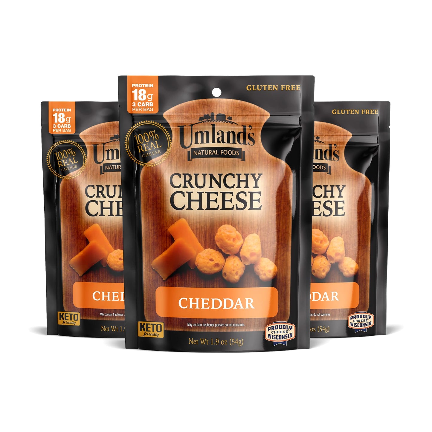 Umlands Crunchy Cheese - Cheddar (3      1.9  oz Bags) | 100% Real Wisconsin Cheese, Keto, Low-Carb, High-Protein, Gluten-Free, 