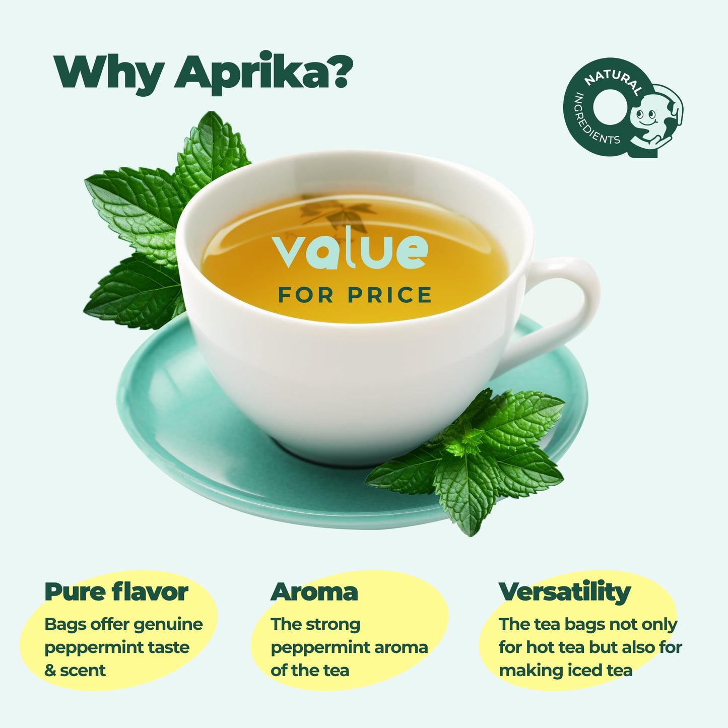 Aprika Life 100% Pure Peppermint Tea Bags, Caffeine-Free, 60 Count, Peppermint Flavor, Model AL-PMT01