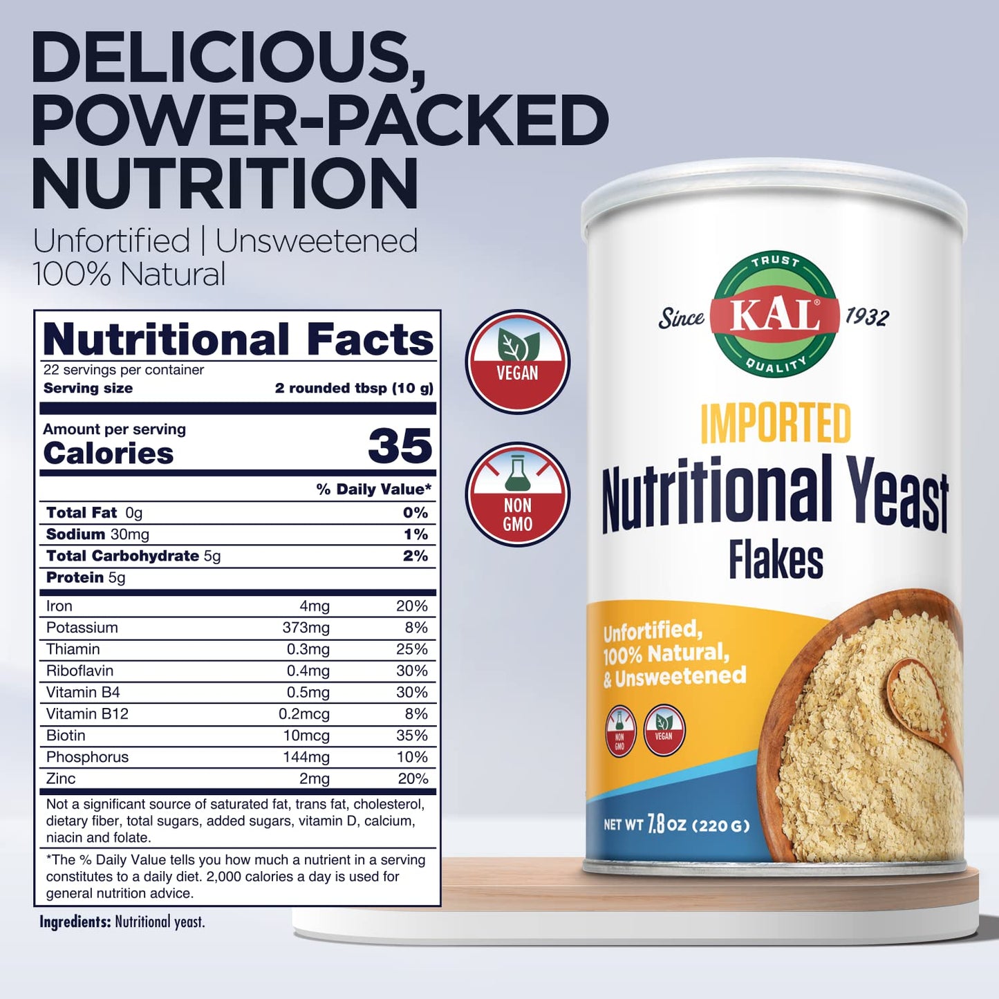Kal Imported Nutritional Yeast Flakes, Unfortified & Unsweetened Fine Flakes, 100% Natural Source Of Amino Acids & B Vitamins, Great Nutty Flavor, Non-Gmo & Vegan, Approximately 22 Servings, 7.8Oz