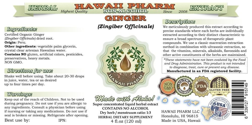 Ginger  -Free Liquid Extract, Organic Ginger (Zingiber Officinale) Dried Root Glycerite Hawaii Pharm Natural Herbal Nutrition Product 2 Oz