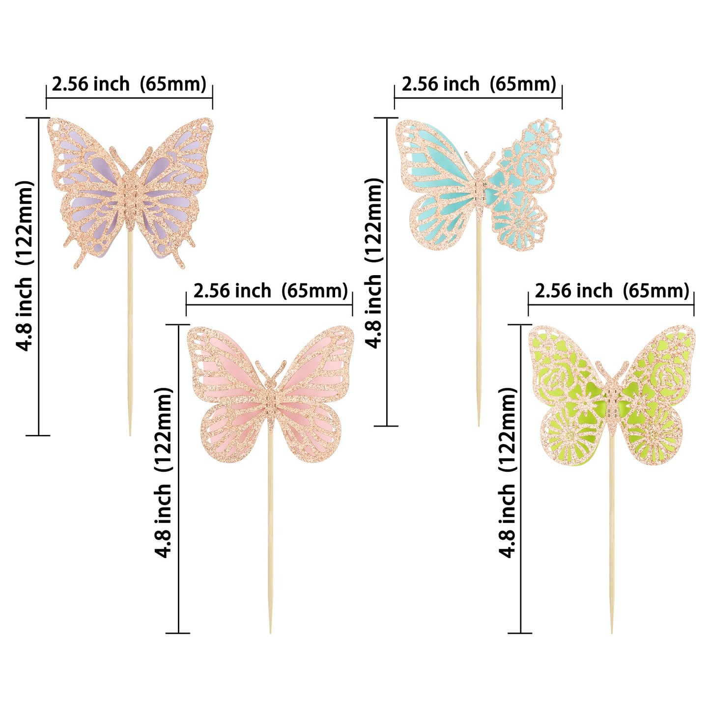Gyufise 24Pcs Butterfly Cupcake Toppers Assembled Rose Gold Glitter Colorful Double Layers 3D Butterfly Baby Shower Cupcake Food