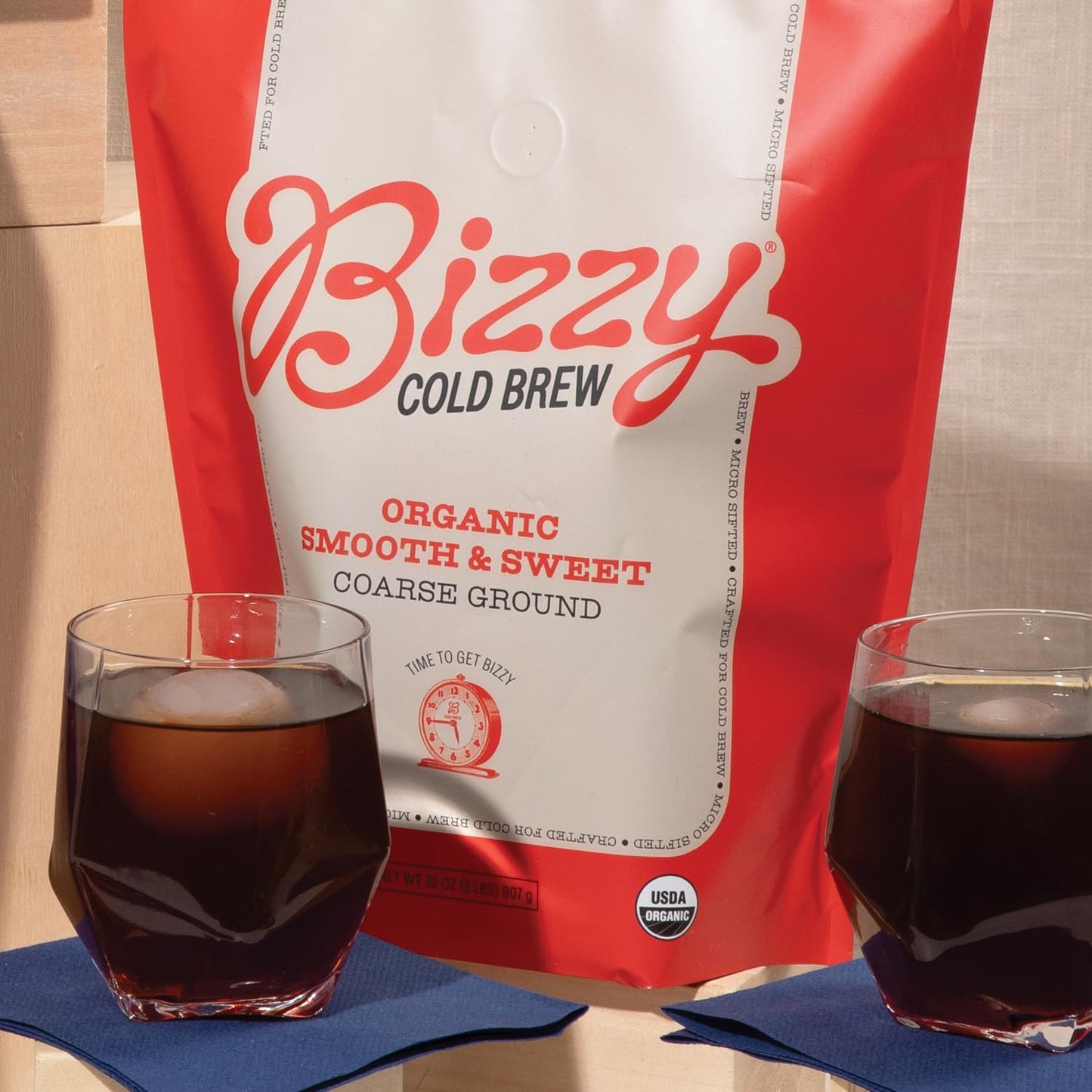 Bizzy Organic Cold Brew Coffee  Smooth & Sweet Blend  Coarse Ground Coffee  Medium Roast  Micro Sifted  Specialty Grade  100% Ar