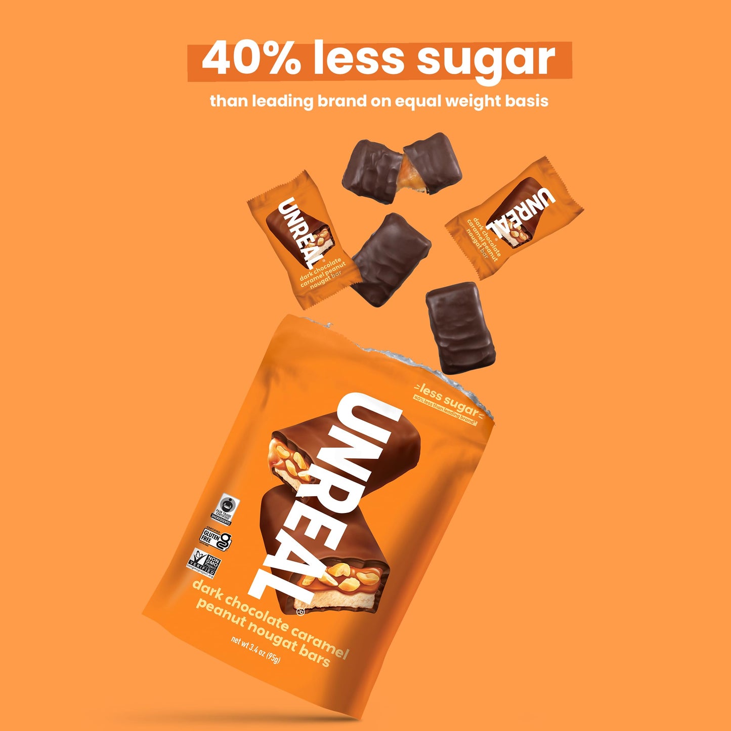 UNREAL Dark Chocolate Caramel Peanut Nougat Bars (1 Bag)  70% Organic Ingredients  Fair Trade  Non-GMO  No Corn Syrup  Sugar fermented-style flavors  Soy  209grams