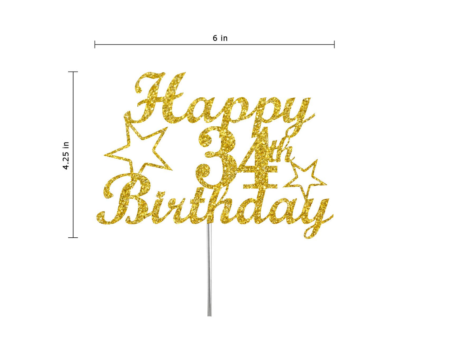 34 Birthday Cake Topper Gold Glitter, Party Decoration Ideas, Premium Quality, Sturdy Doubled Sided Glitter, Acrylic Stick. Made