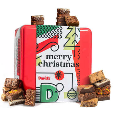 Davids Cookies Assorted Brownies in Merry Christmas Tin | Delicious Fresh Baked Gourmet Chocolate Fudge Slices Comes in Mery Ch