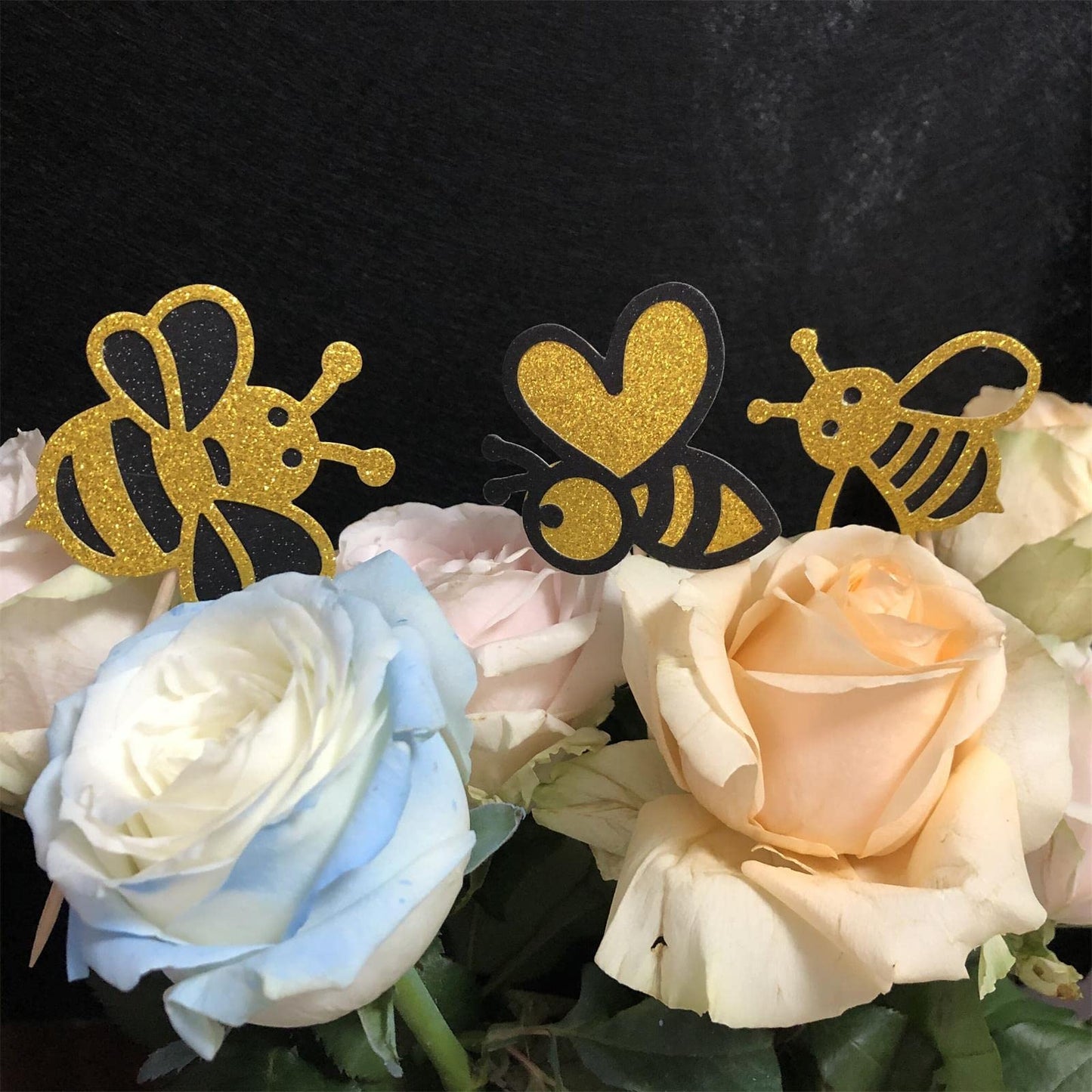 30-pack Glitter New Bumble Bee Cupcake Toppers, Baby Bee Gender Reveal Baby Shower Birthday Party Cake Decorations Supplies