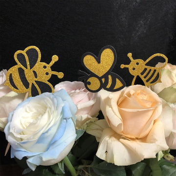 30-pack Glitter New Bumble Bee Cupcake Toppers, Baby Bee Gender Reveal Baby Shower Birthday Party Cake Decorations Supplies