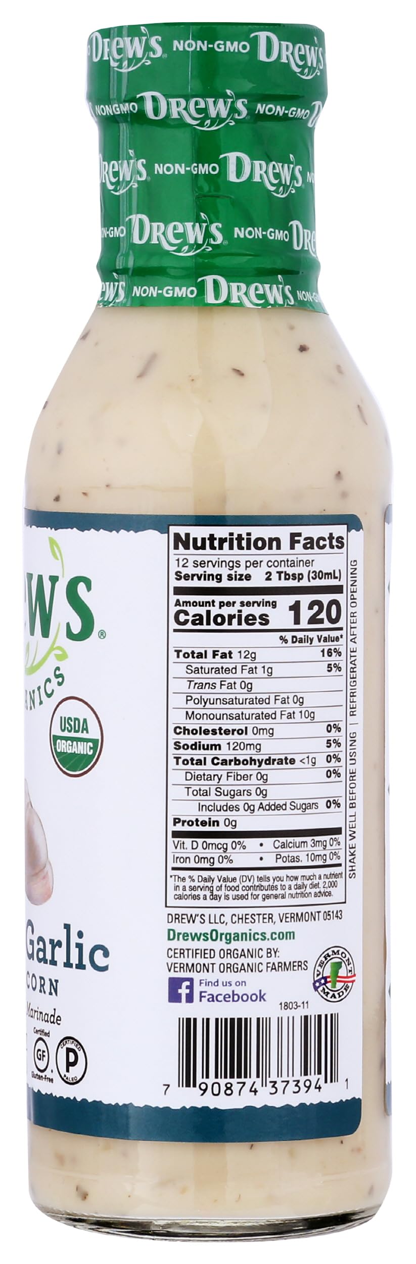Drews All-Natural Salad Dressing And 10 Minute Marinade Roasted Garlic & Peppercorn 12-Ounce Bottle