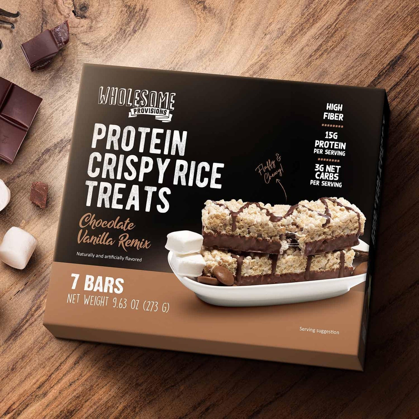 Wholesome Provisions Protein Crispy Rice  , 15g Protein, Low Carb, Gluten Free, 3 Pack, Chocolate Vanilla Remix