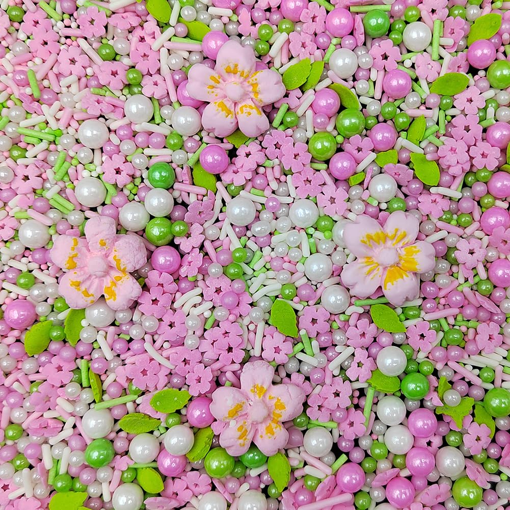 Homankit Edible Flowers for Cake Decorating Pink Flowers Sprinkles White Green Sugar Pearls Baking Cake Cupcake Toppers Cookie D