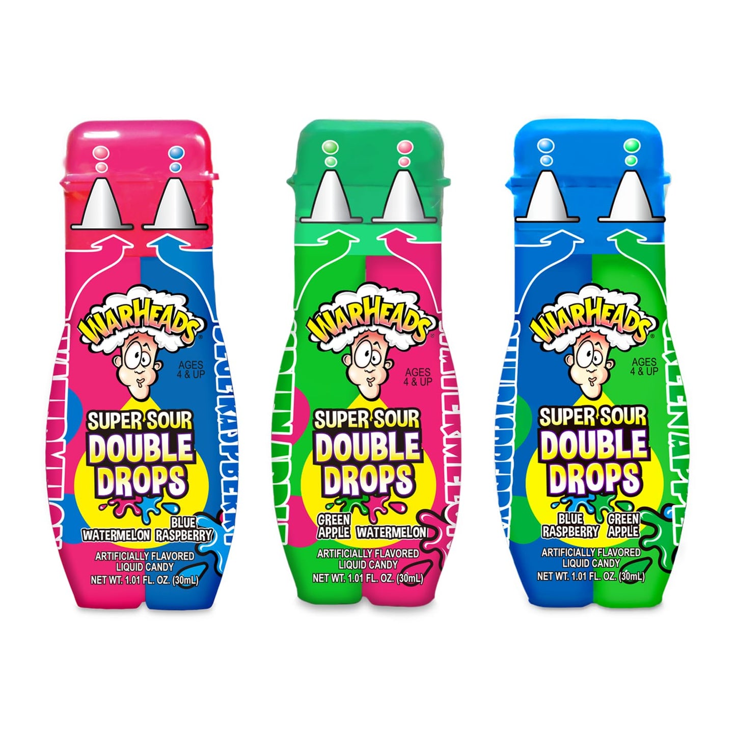 WARHEADS Super Sour Double Drops - Liquid Sour Candy - Blue Raspberry, Green Apple and Watermelon Assorted Flavors - 1.01 oz. Bo