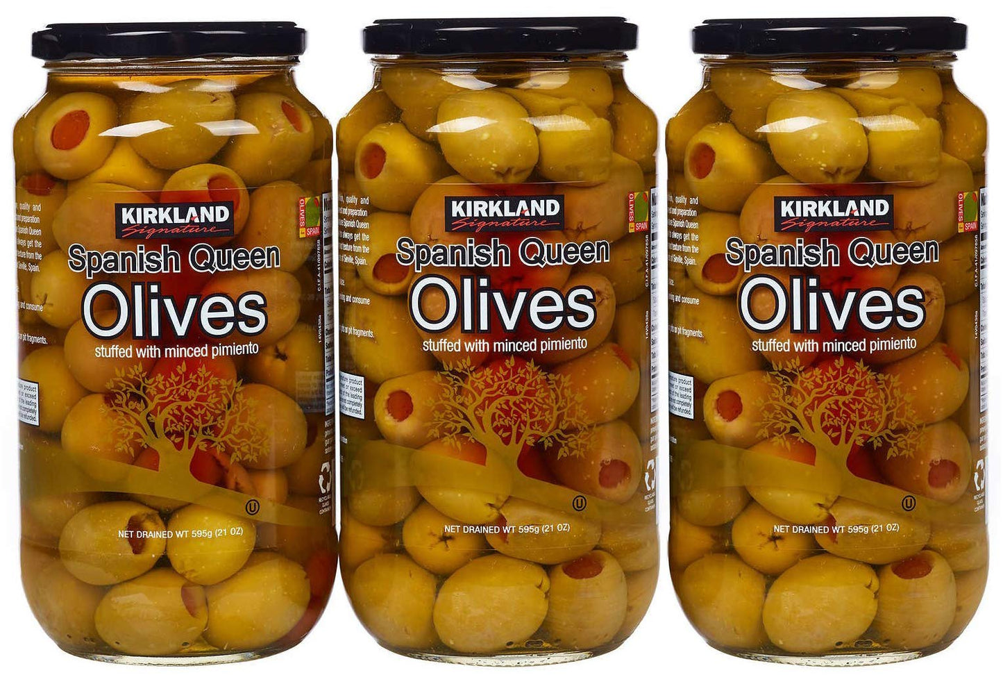 Kirkland Signature Spanish Queen Olives Stuffed With Minced Pimiento  21oz Glass Jar (Pack of 3  Total of 63 Oz)