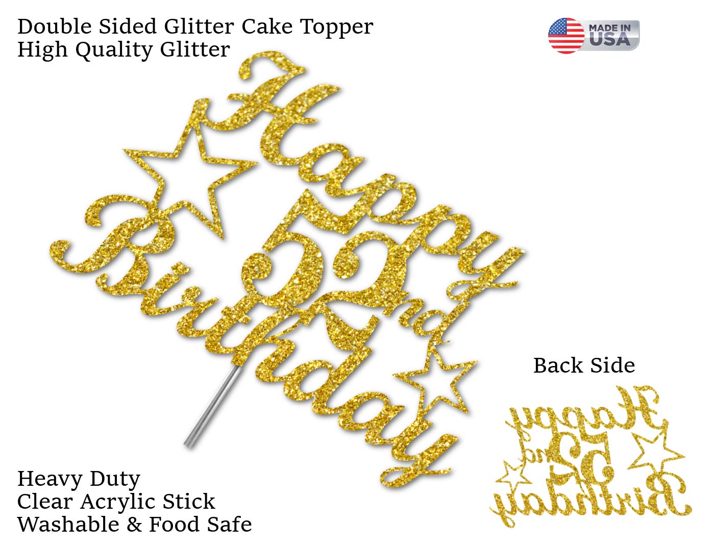 52 Birthday Cake Topper Gold Glitter, Party Decoration Ideas, Premium Quality, Sturdy Doubled Sided Glitter, Acrylic Stick. Made