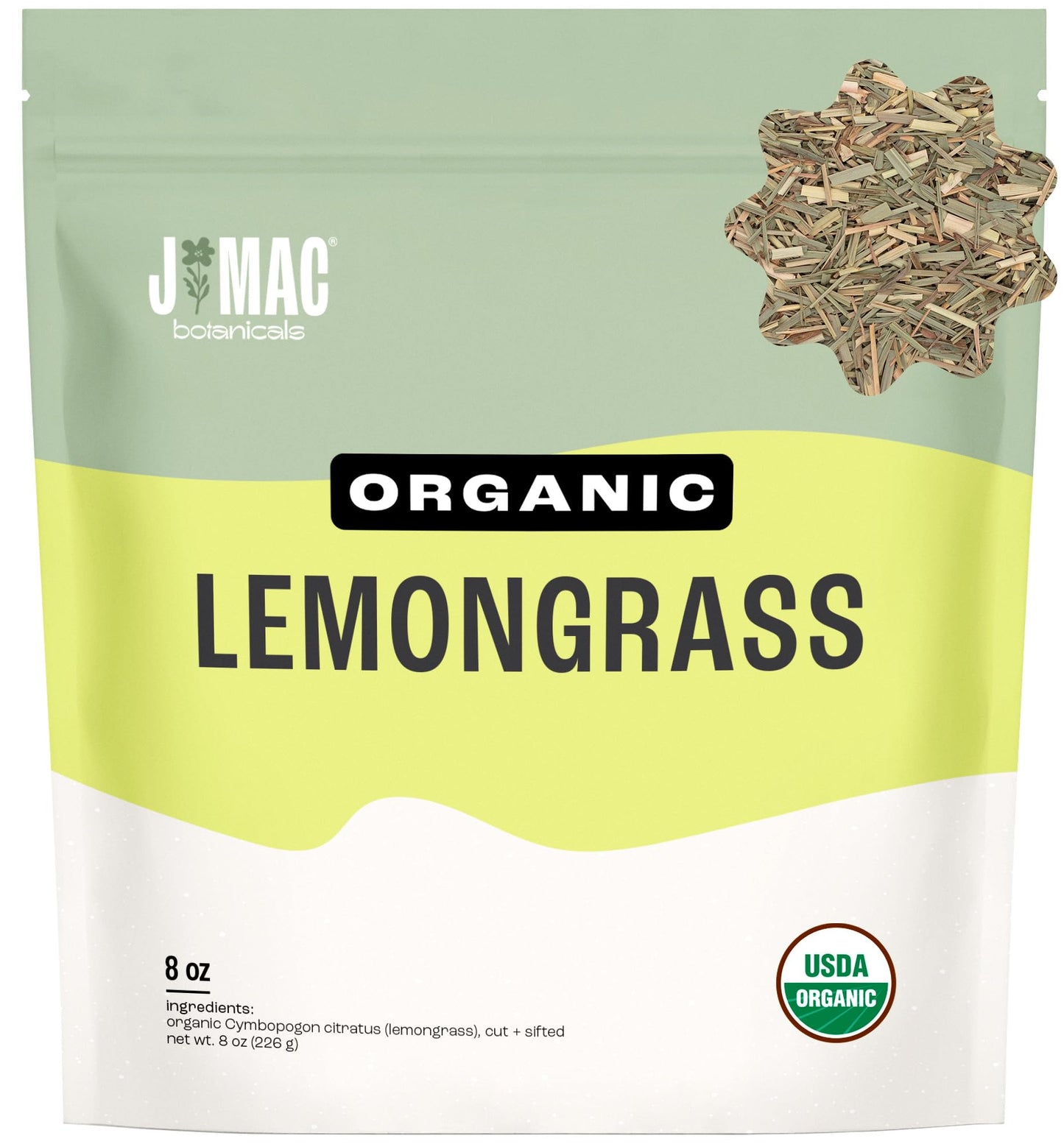J MAC BOTANICALS Organic Lemongrass Tea, Cut & Sifted, 8 oz Bag, Certified USDA Organic, Packaged in the USA