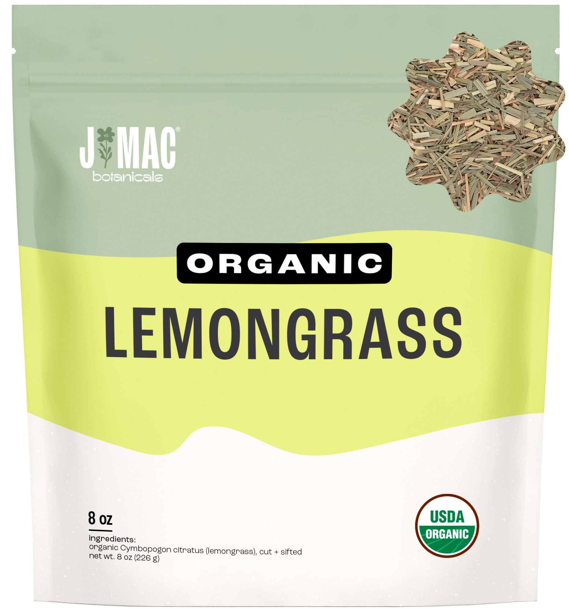 J MAC BOTANICALS Organic Lemongrass Tea, Cut & Sifted, 8 oz Bag, Certified USDA Organic, Packaged in the USA