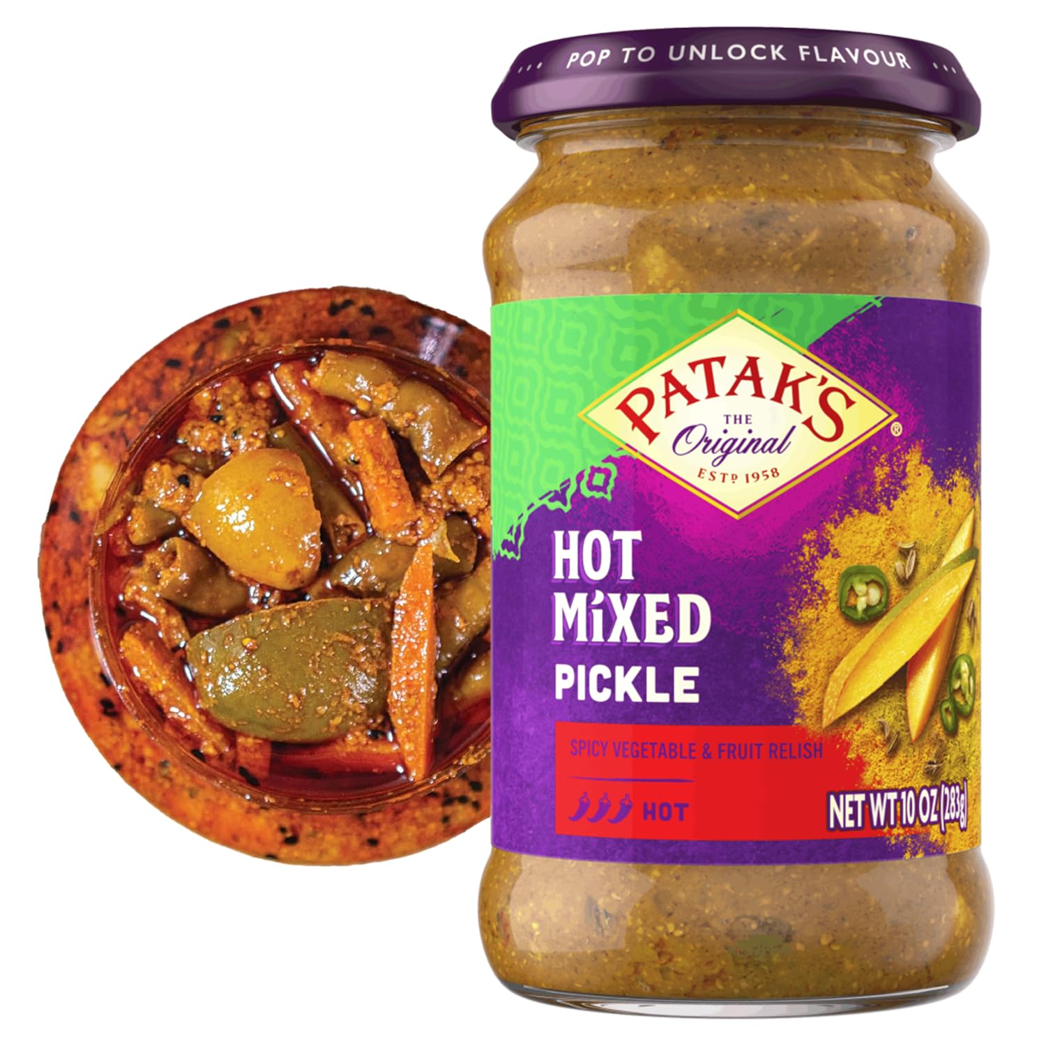 Pataks Hot Mixed Pickle - Authentic Indian Relish w/Mangoes, Carrots, Limes, Chili Peppers & Aromatic Spices -Perfect for Sandwi