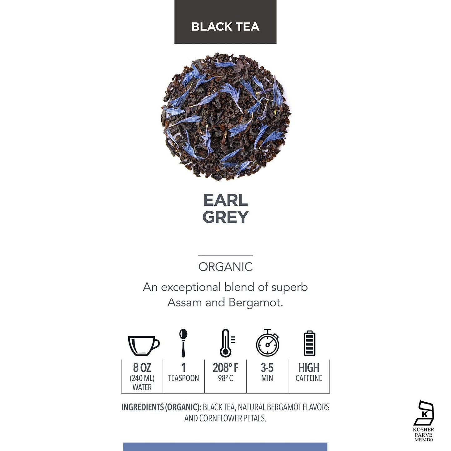 Teabloom Kosher Certified Earl Grey Loose Leaf Tea, Classic Assam Tea With Blue Cornflower Petals, 3.53 Ounce Canister Makes 35-50 Cups