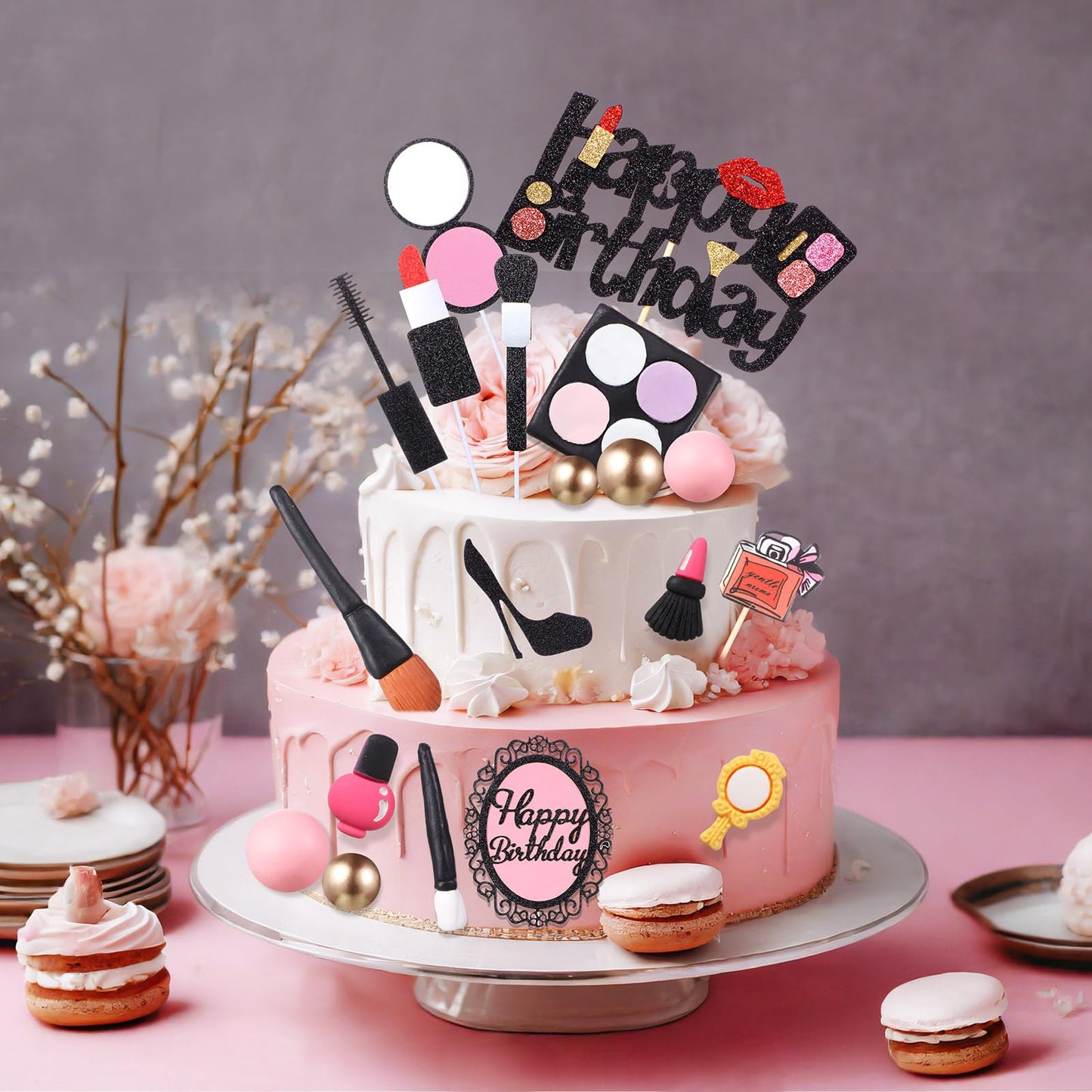 Beeveer 42 PCS Makeup Cake Topper Decorations Cosmetics Theme Bridal Cake Topper Party Lipstick Perfume Picks for Bridal Shower