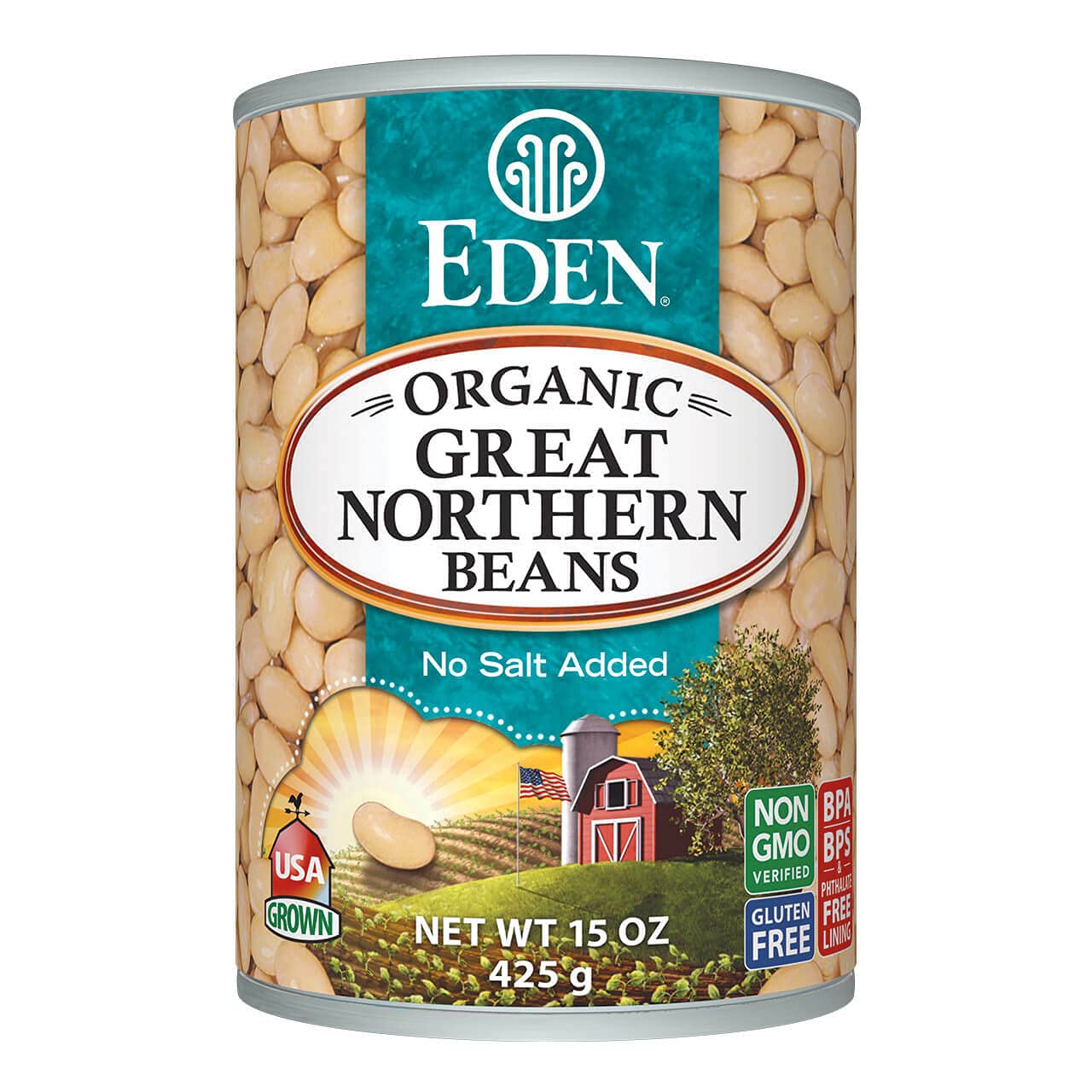 Eden Organic Great Northern Beans, 15 oz Can, No Salt, Non-GMO, Gluten Free, Vegan, Kosher, U.S. Grown, Heat and Serve, Macrobio