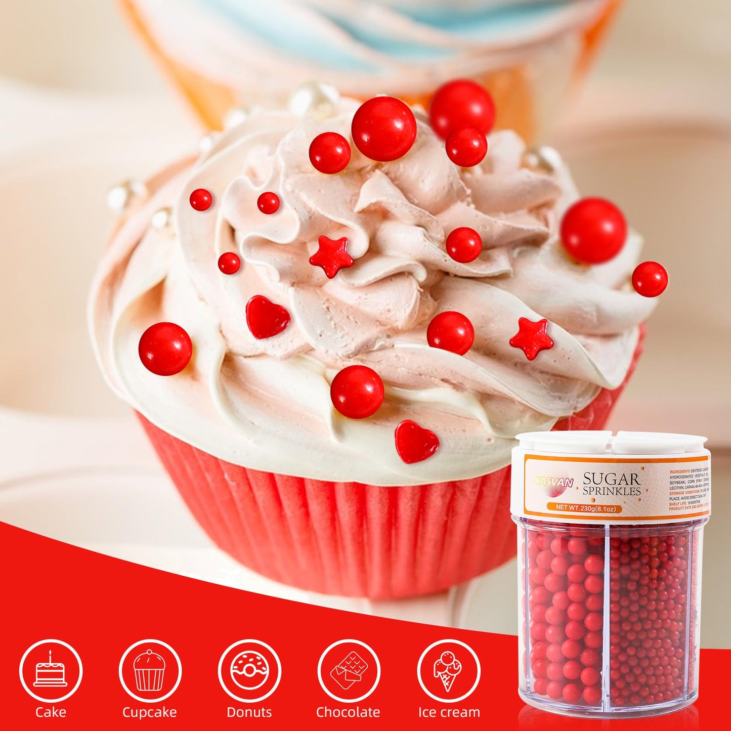 Kasvan Red Pearl Sprinkles, 6 Sizes Mix For Cake Decorating, 230G/8.1Oz, Baking Cake Decorations, Ice Cream Toppings And Cookie