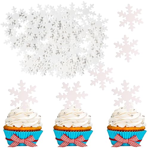 50 PCS White Edible Snowflake Cupcake Toppers Winter Frozen Snowflake Cupcake Picks Rice Paper Snowflake Cake Decorations for Wi