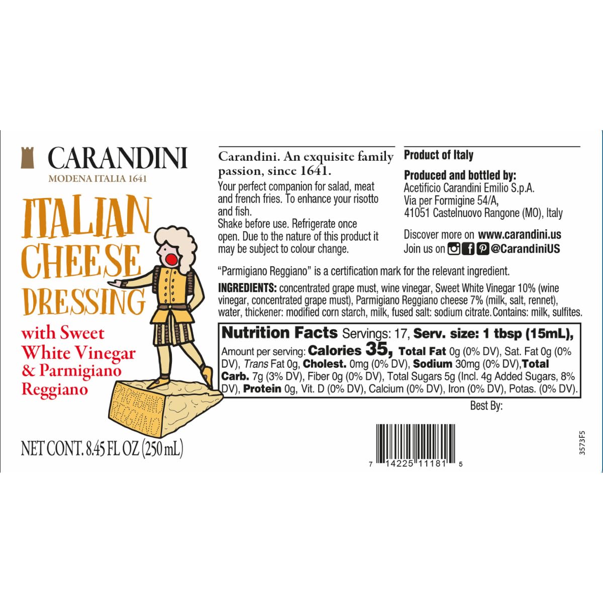 Carandini Italian Cheese Dressing with Sweet White Vinegar & Parmigiano Reggiano, Gluten Free, 8.45 Fl Oz