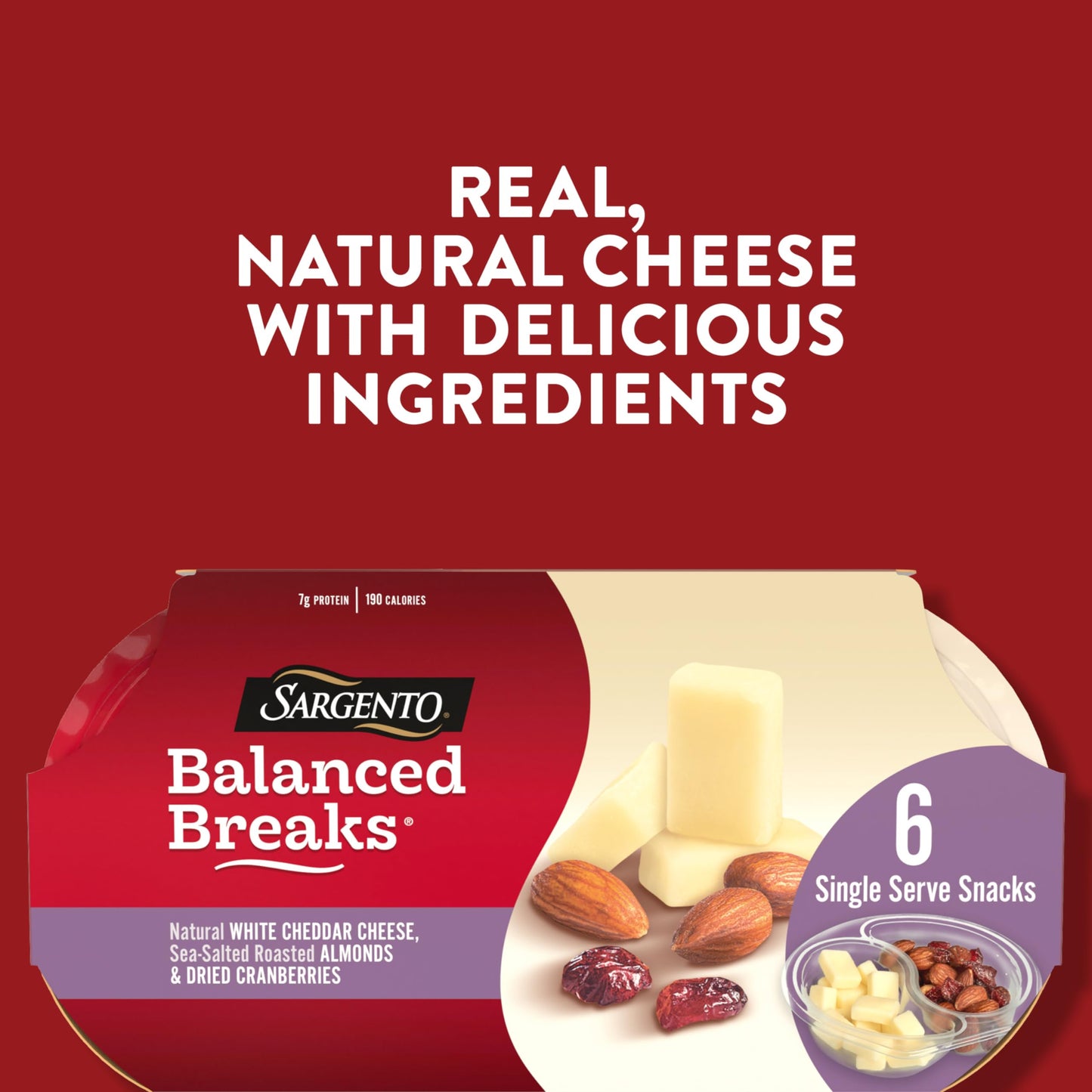 Sargento Balanced Breaks Natural White Cheddar Cheese, Sea-Salted Roasted Almonds, Dried Cranberries Snack Kit, 6-Pack