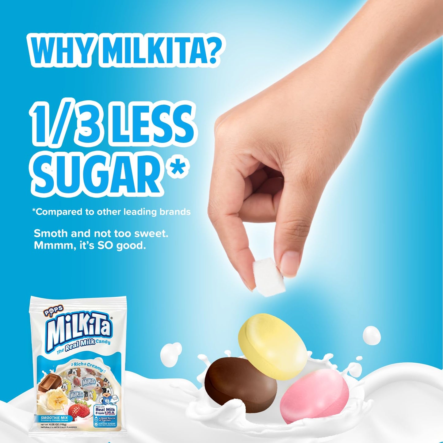 Milkita The Real Milk Lollipop Bag, Gluten Free Chewy Candies With Calcium & Real Milk, Zero Trans Fat, Low-Sugar, Smoothie Flavors (Strawberry, Chocolate, Banana), 10 Pcs