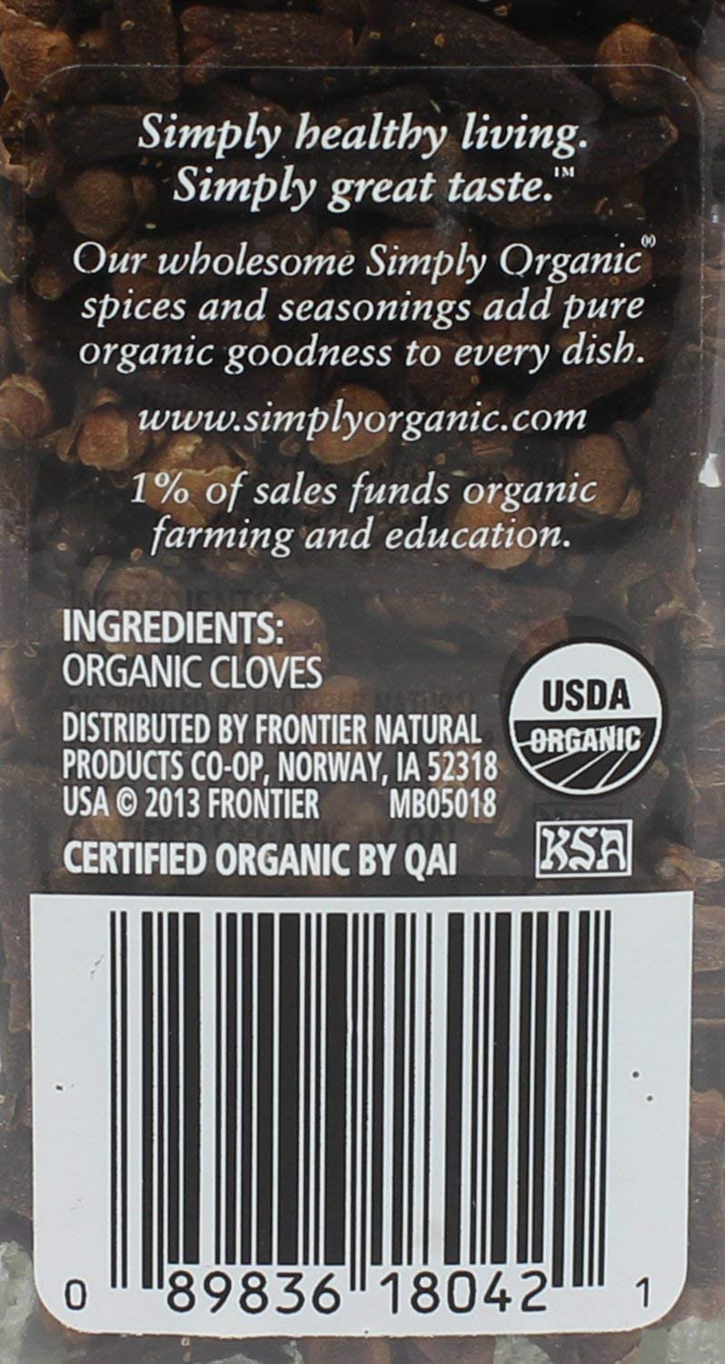 Simply Organic Whole Cloves, Certified Organic, 2.05 oz - Premium Syzygium aromaticum Spice for Cooking and Baking