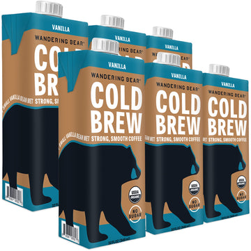 Wandering Bear Organic Vanilla Cold Brew Coffee, 32 Fl Oz, 6 Pack - Extra Strong, Smooth, Organic, Unsweetened, Shelf-Stable, An