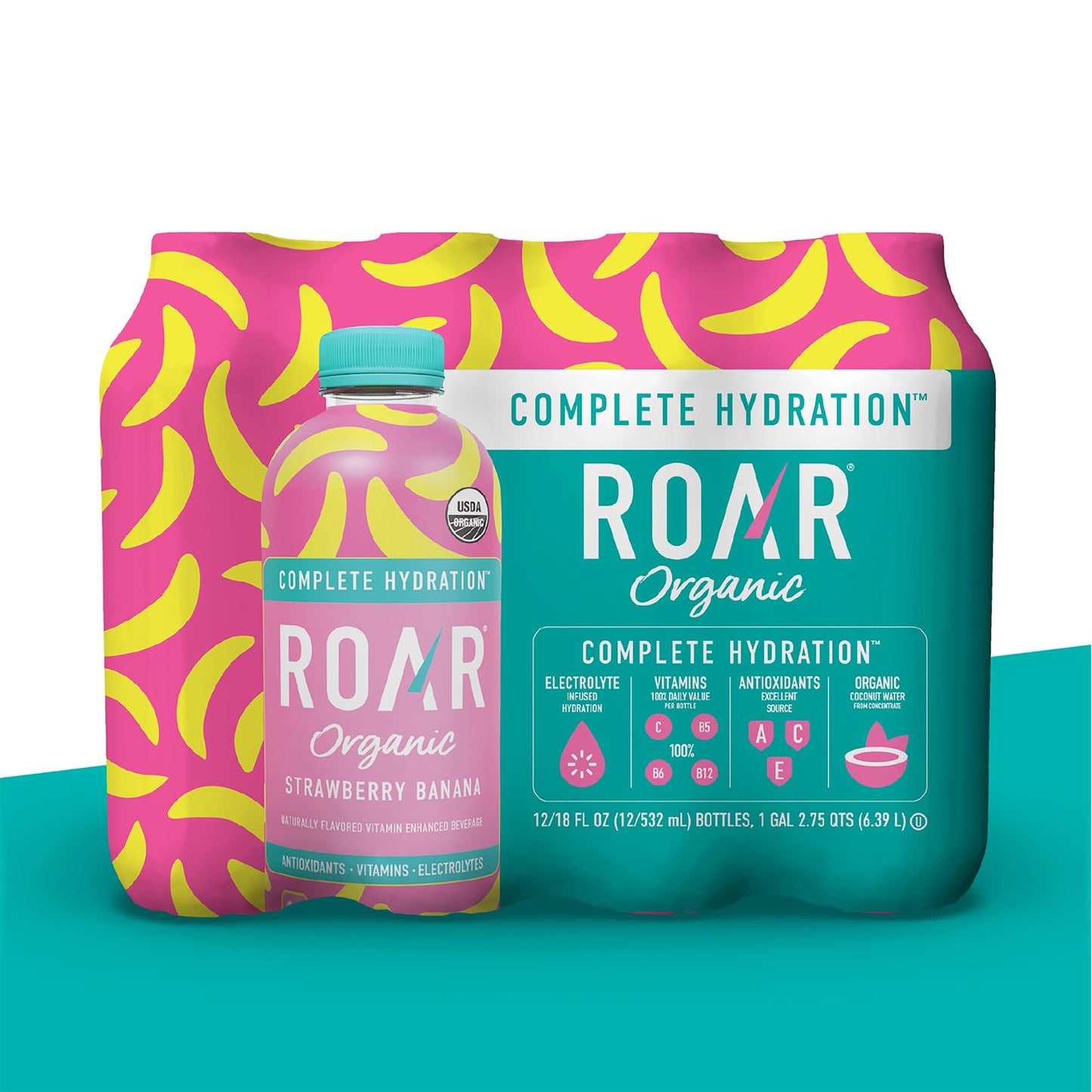 Roar Complete Hydration Organic - Electrolyte Drinks Loaded with Vitamins C, B5, B12 - Non-GMO, Gluten-Free - Strawberry Banana