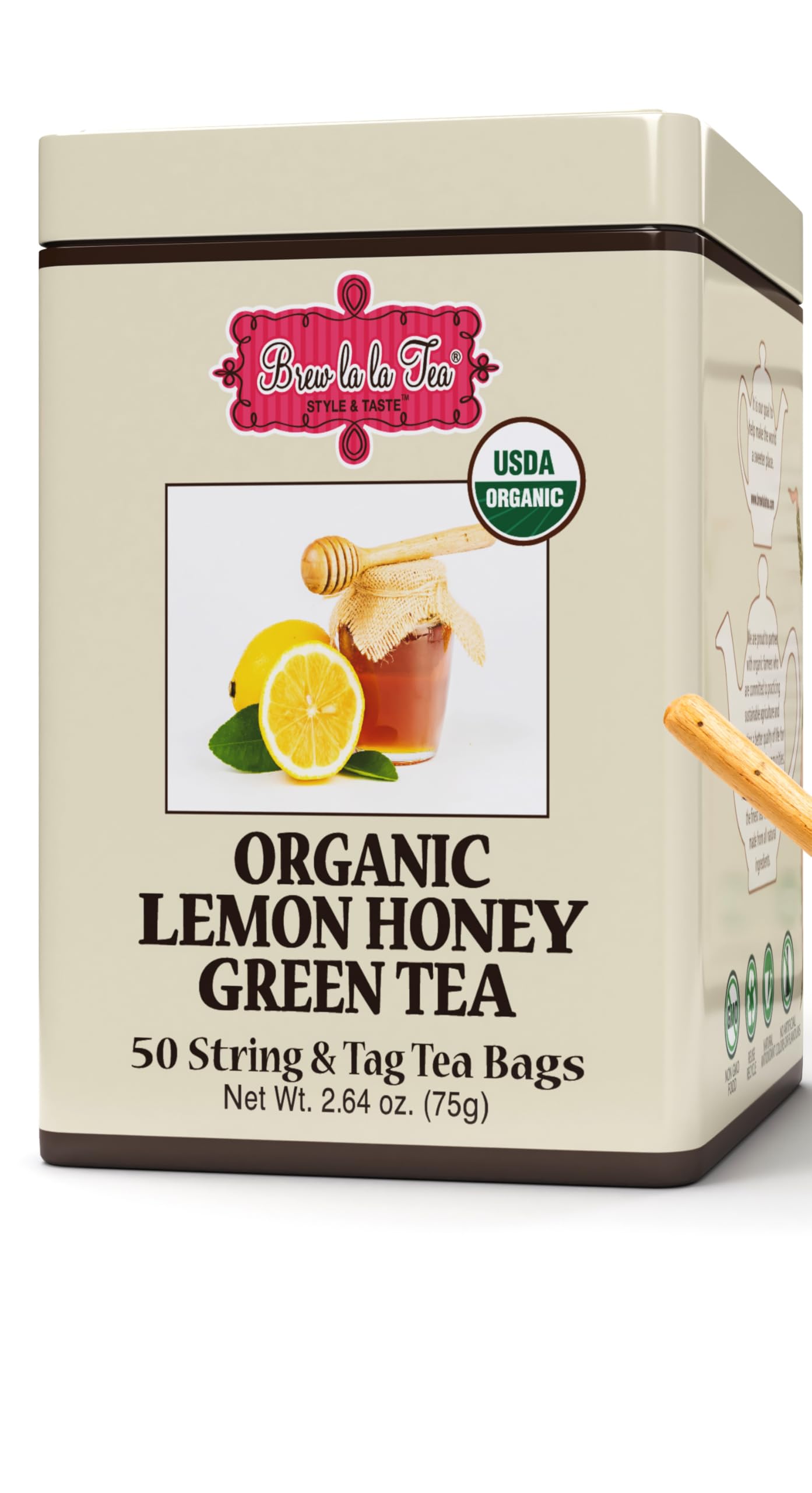 Brew La La Organic Green Tea - Lemon Honey Flavor - 50 Tea Bags - Low Caffeine - USDA Certified Organic