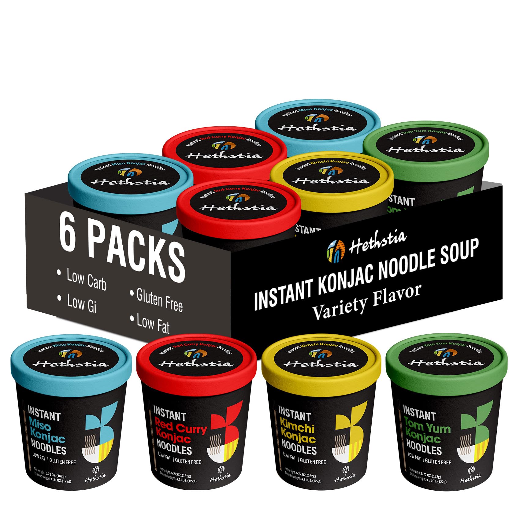 Hethstia Konjac Noodle, 6-Pack Instant Shirataki Noodle Soup Cups Variety Flavor(Spicy Red Curry, Miso, Kimchi, Tom Yum) - Low-C